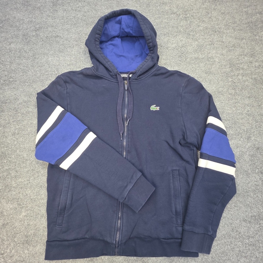 Lacoste Sport Hoodie Jacket Men's Medium Blue Striped Full Zip